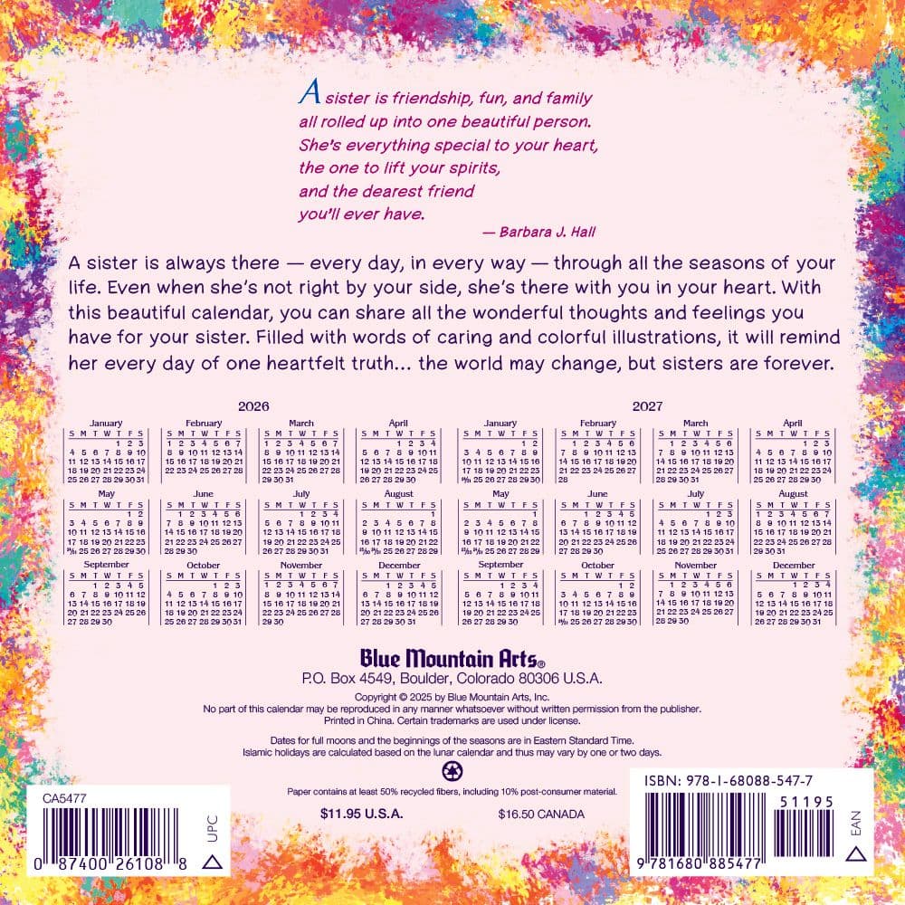 Blue Mountain Arts Sisters Are Forever 2026 Wall Calendar Steve's
