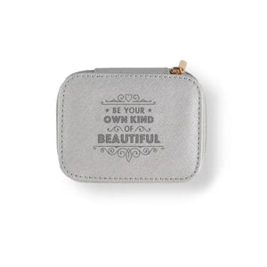 Personalized Travel Jewelry Box in Silver with Debossed Title Beautiful and Message Be your own kind of beautiful