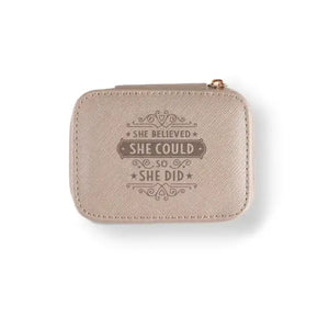 Personalized Travel Jewelry Box in Gold with Debossed Title She Believed and Message she believed she could, so she did