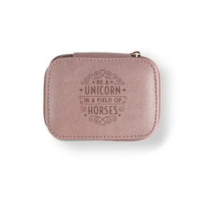 Personalized Travel Jewelry Box in Pink with Debossed Title Be a Unicorn and Message Be a unicorn in a field of horses