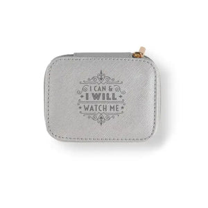 Personalized Travel Jewelry Box in Silver with Debossed Title I Can and Message I can & I will, watch me