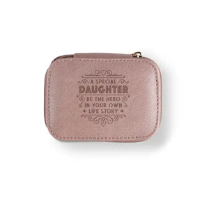 Personalized Travel Jewelry Box in Pink with Debossed Title Daughter and Message A special daughter - be the hero in your own life story