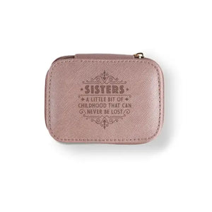 Personalized Travel Jewelry Box in Pink with Debossed Title and Message Sisters a little bit of childhood that can never be lost