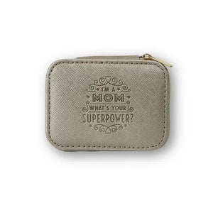 Personalized Travel Jewelry Box in Gold with Debossed Title Mom and Message I'm a mom what's your super power?