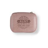 Personalized Travel Jewelry Box in Pink with Debossed Title Aunt and Message You're the best aunt, go write your own story