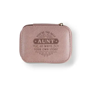 Personalized Travel Jewelry Box in Pink with Debossed Title Aunt and Message You're the best aunt, go write your own story