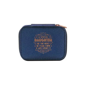 Personalized Travel Jewelry Box in Navy with Debossed Title and Message A special daughter - be the hero in your own life story