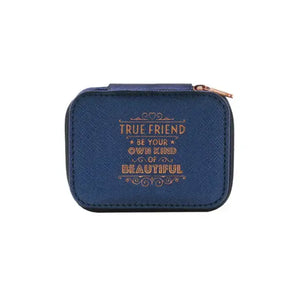 Personalized Travel Jewelry Box in Navy with Debossed Title and Message True friend - be your own kind of beautiful
