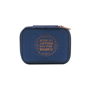 Personalized Travel Jewelry Box in Navy with Debossed Title Sparkle (Blue) and Message Never let anyone dull your sparkle