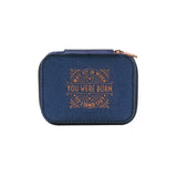 Personalized Travel Jewelry Box in Navy with Debossed Title Stand Out (Blue) and Message Why fit in, when you were born to stand out