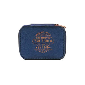 Personalized Travel Jewelry Box in Navy with Debossed Title and Message Someone Special - she believed she could, so she did