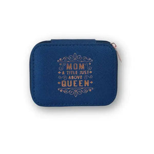 Personalized Travel Jewelry Box in Navy with Debossed Title and Message Mom - a title just above queen