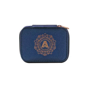 Personalized Travel Jewelry Box in Navy with Debossed Initial Letter A