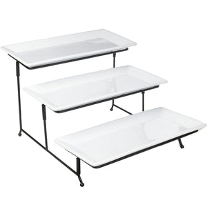 3-Tier Rectangular Ceramic Serving Tray with Black Metal Stand
