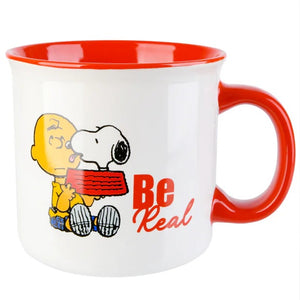 The Peanuts Gang Snoopy & Charlie Brown Be Real Red Stoneware Camper Mug 21 Oz.