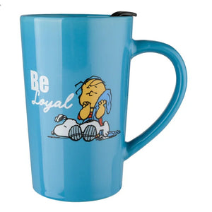 The Peanuts Gang Snoopy & Linus Be Loyal Blue Ceramic Latte Mug with Lid 18 Oz.