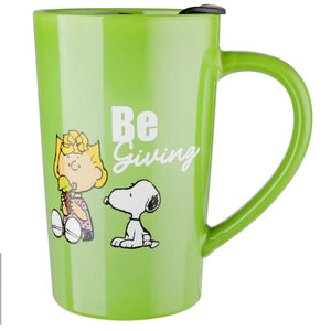 The Peanuts Gang Snoopy & Sally Be Giving Green Ceramic Latte Mug with Lid 18 Oz.
