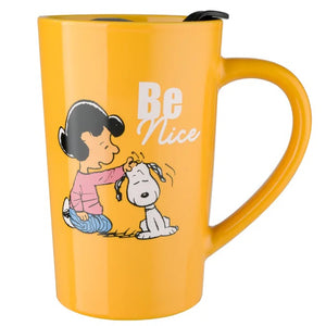 The Peanuts Gang Snoopy & Lucey Be Nice Orange Ceramic Latte Mug with Lid 18 Oz.