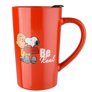 The Peanuts Gang Snoopy & Charlie Brown Be Real Red Ceramic Latte Mug with Lid 18 Oz.