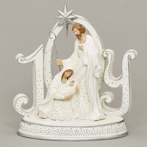 8" Silver Studded White JOY Holy Family Nativity Figurine