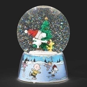 6.5" Musical LED Light Up Snoopy and Woodstock Skating Around the Tree Glitter Water Globe
