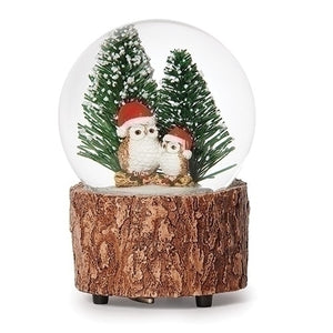 6" Owl and Baby in Santa Hat Musical Water Globe on Tree Stump