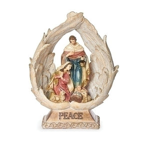 10.25" Holy Family Nativity in Angel Wings with Peace Engraved on Base