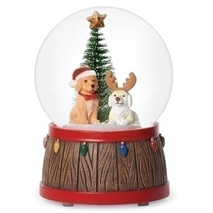 5" Dogs with Santa Hat and Antlers Musical Water Globe
