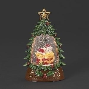 6" Lighted Cats Sleeping in Green Tree Shimmer Water Globe