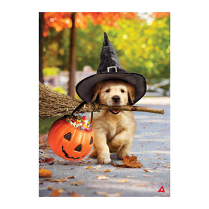 Golden Retriever Witch With Broom Suede House Flag