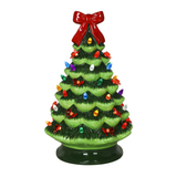 14.25" Holiday Red Bow Top Light Up Ceramic Green Tree