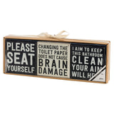Set of 3 Bathroom 4" Box Signs: Seat Yourself, Change Toilet Paper, Aim
