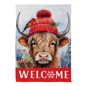 Bundled Up Highland Cow Suede Garden Flag