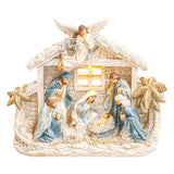 Lighted Creche Manger Holy Family Nativity with Three Wisemen and Guardian Angel Tabletop Figurine 12"