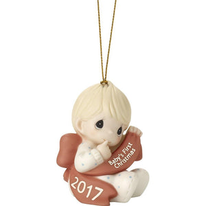 Precious Moments Baby’s First Christmas 2017 Dated Boy Bisque Porcelain Ornament Boy