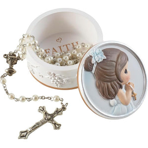 Precious Moments Rosary Box for Girls – Faith is The Light That Guides You – First Communion Gift with Pearl-Look Rosary