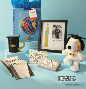 Hallmark graduation giftbag, tassel frame, Mug with lid, invitation, thank you note, and 2026 Snoopy plush