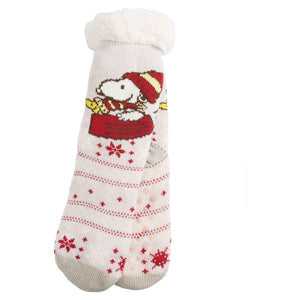 Precious Moments Peanuts Snoopy and Woodstock Sledding Red Gray Sherpa Lined Socks
