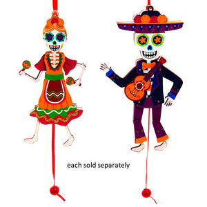 Pull-String Day of the Dead Mariachi with Guitar, Dancer with Maracas Ornament, 6.7"