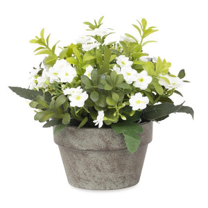 White Flowers & Greenery In Gray Pot