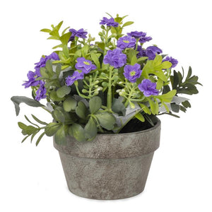 Purple Flowers & Greenery In Gray Pot