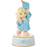 From Cap and Gown to New Horizons Graduation Blonde Girl with Blue Gown Figurine Musical Plays Pomp and Circumstance