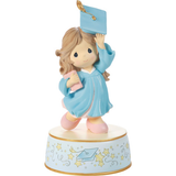 From Cap and Gown to New Horizons Graduation Brunette Girl with Blue Gown Figurine Musical Plays Pomp and Circumstance