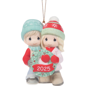 Precious Moments Our First Christmas Together Dated 2025 Couple with Wreath Porcelain Bisque Ornament 3.26"