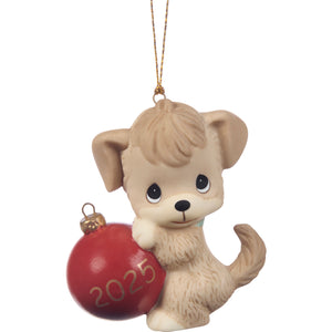 Precious Moments How-ilday Cheer Dated 2025 Dog Porcelain Bisque Ornament 2.91"