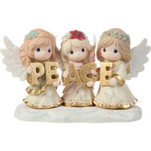 Precious Moments Blessings of Peace from Heaven Above Limited Edition Three Angels Holding Peace Sign 8.75" Porcelain Bisque Figurine