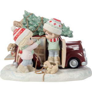 Precious Moments Bringing Home the Spirit of Christmas Limited Edition Couple with Tree On Roof of Woodie Car 10" Porcelain Bisque Figurine
