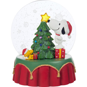 Peanuts Snoopy and Woodstock Decorating Christmas Tree Musical Figurine with LED Lights Blinking Snowflake Backdrop - Friends Light Up The Season