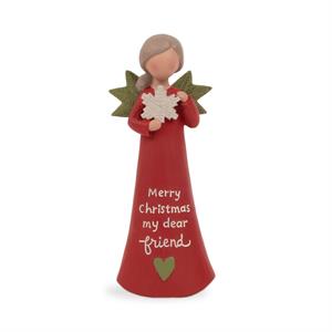 4.25" Merry Christmas My Dear Friend Angel in Red Dress Figurine