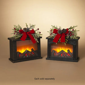 10.8" Lighted Glowing Fireplace Lantern with Pinecone and Red Bow Accents